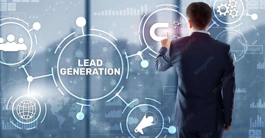 B2B strategist mapping a lead generation system with data and channel icons.