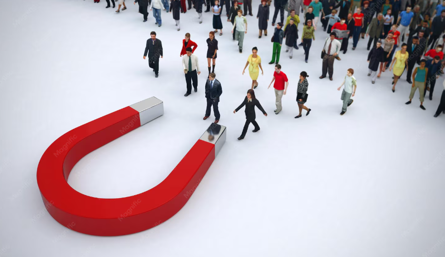 Large magnet attracting a crowd of business buyers, representing qualified lead attraction.