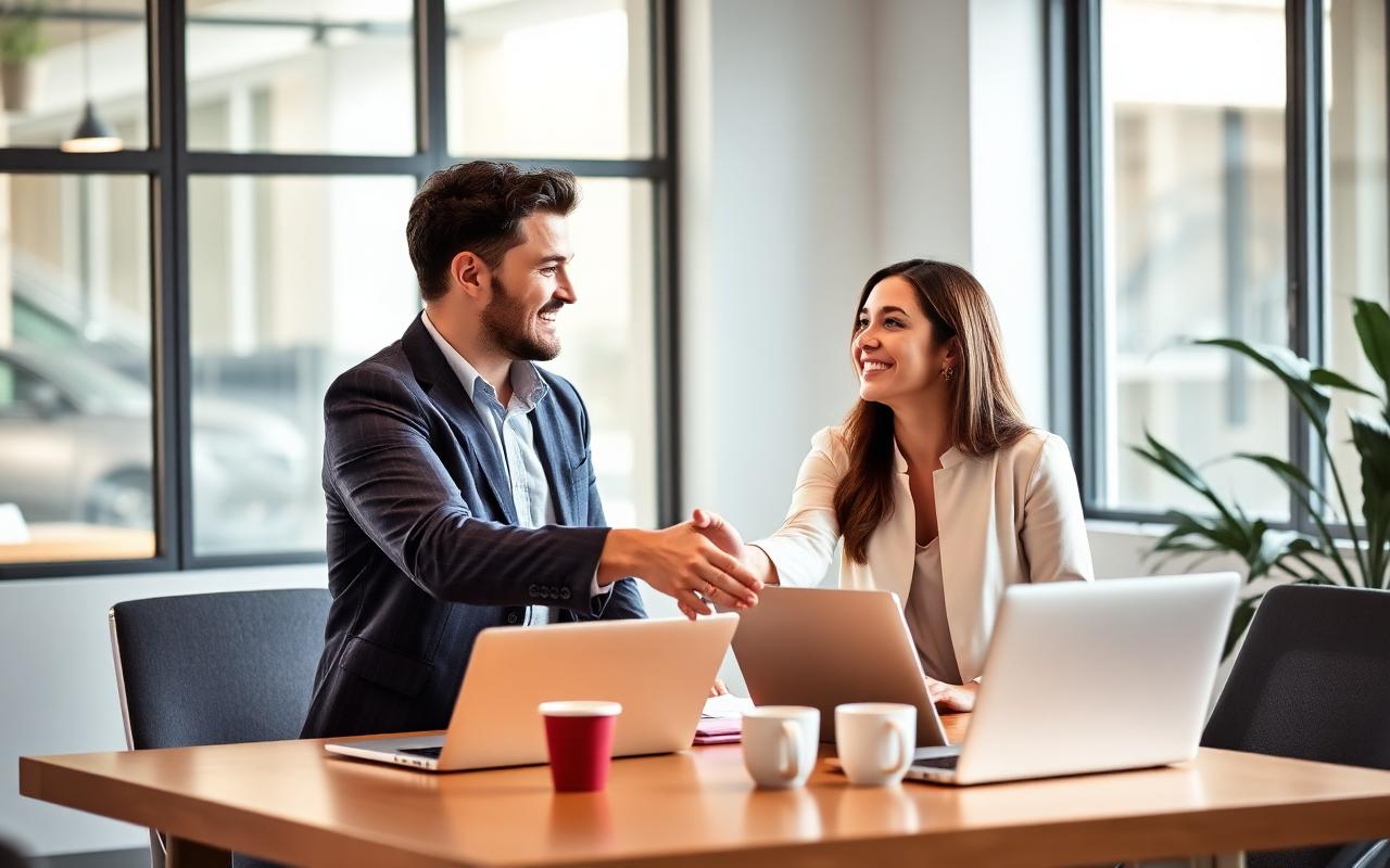 Two B2B sales professionals shaking hands across a desk after a productive meeting booked through EngageBizDev.
